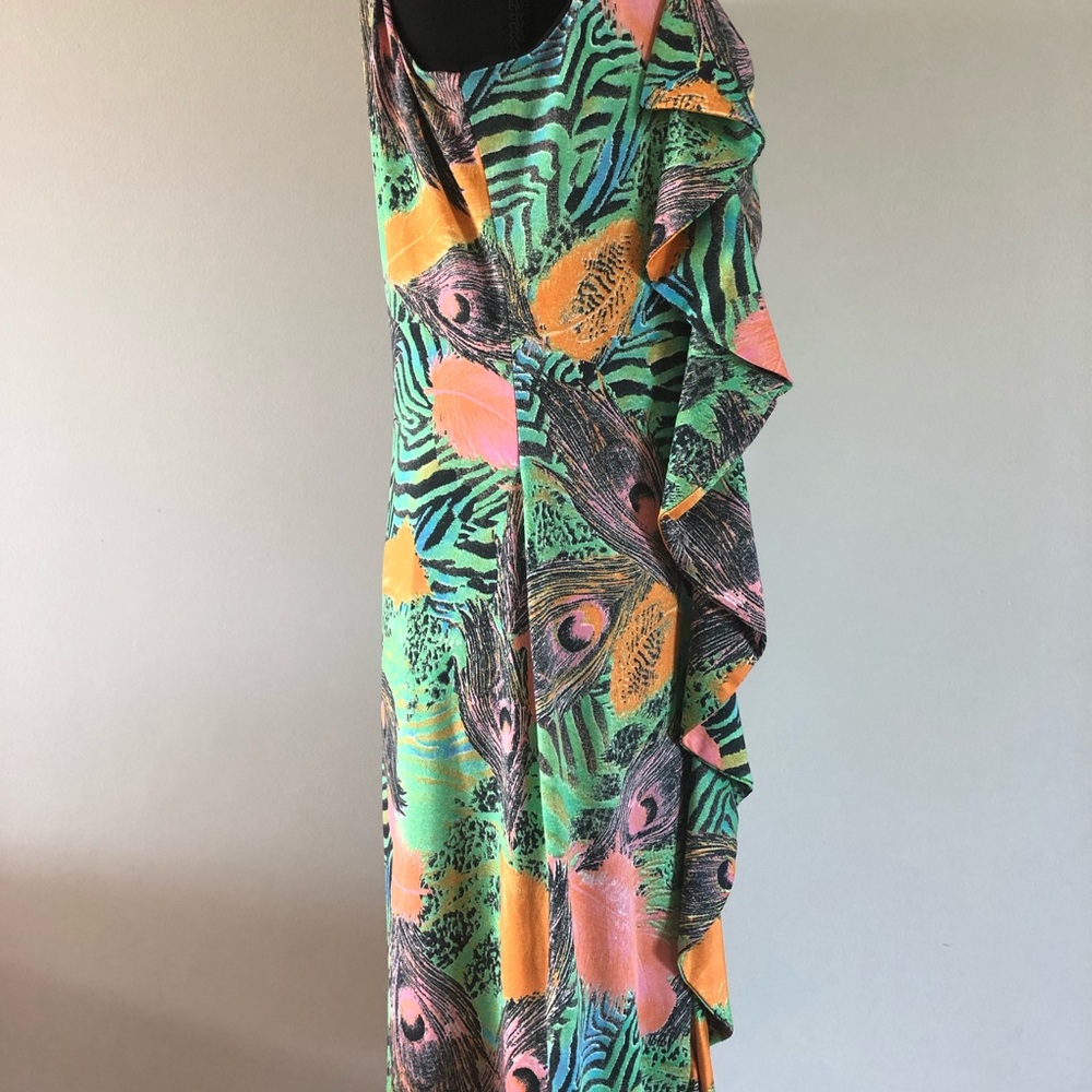 Women’s Tango Mango Tropical Ruffled front feathers & animal print dress size L - Picture 6 of 14